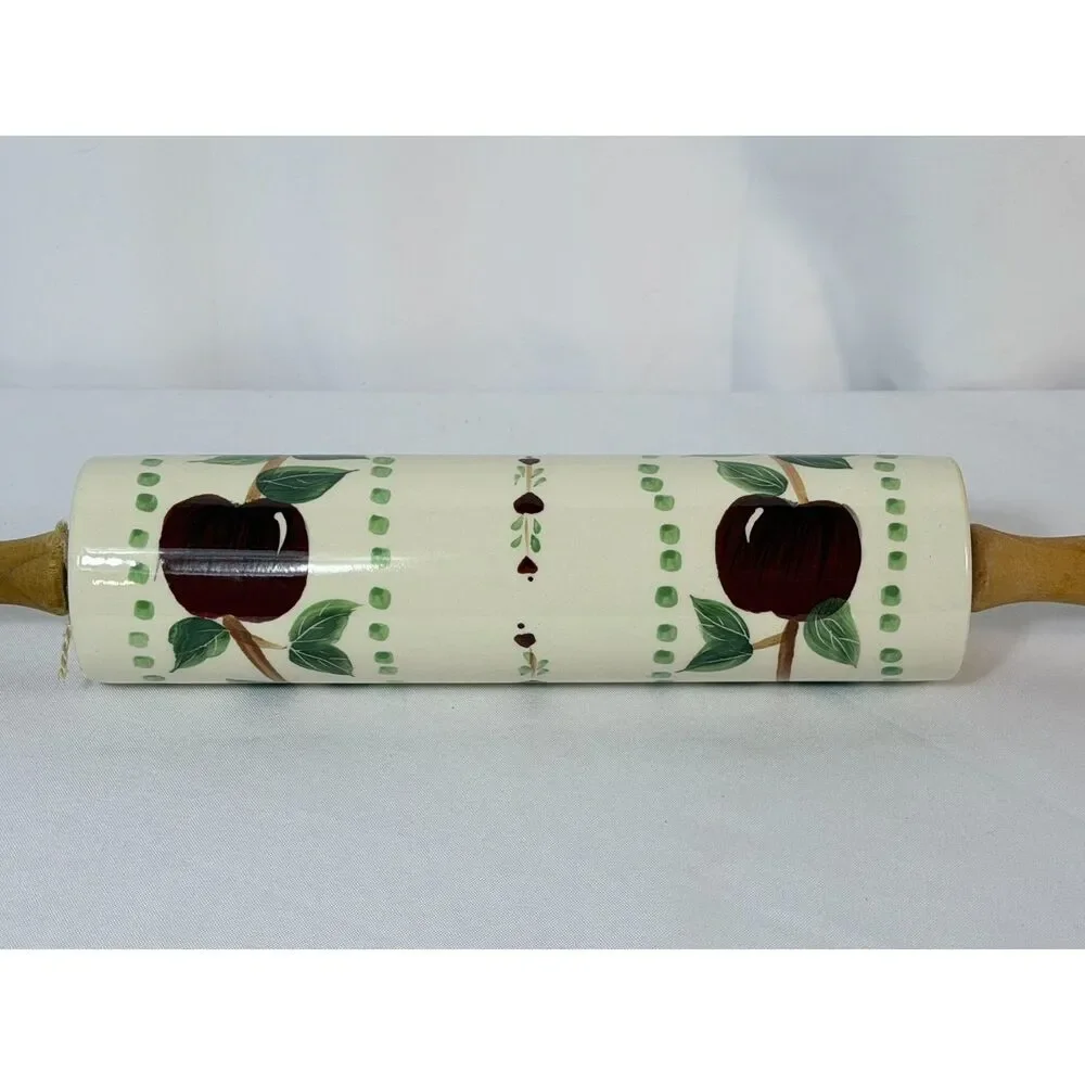 VTG Stoneware Cherry Red Rolling Pin Wood Handles Country Kitchen Orchard